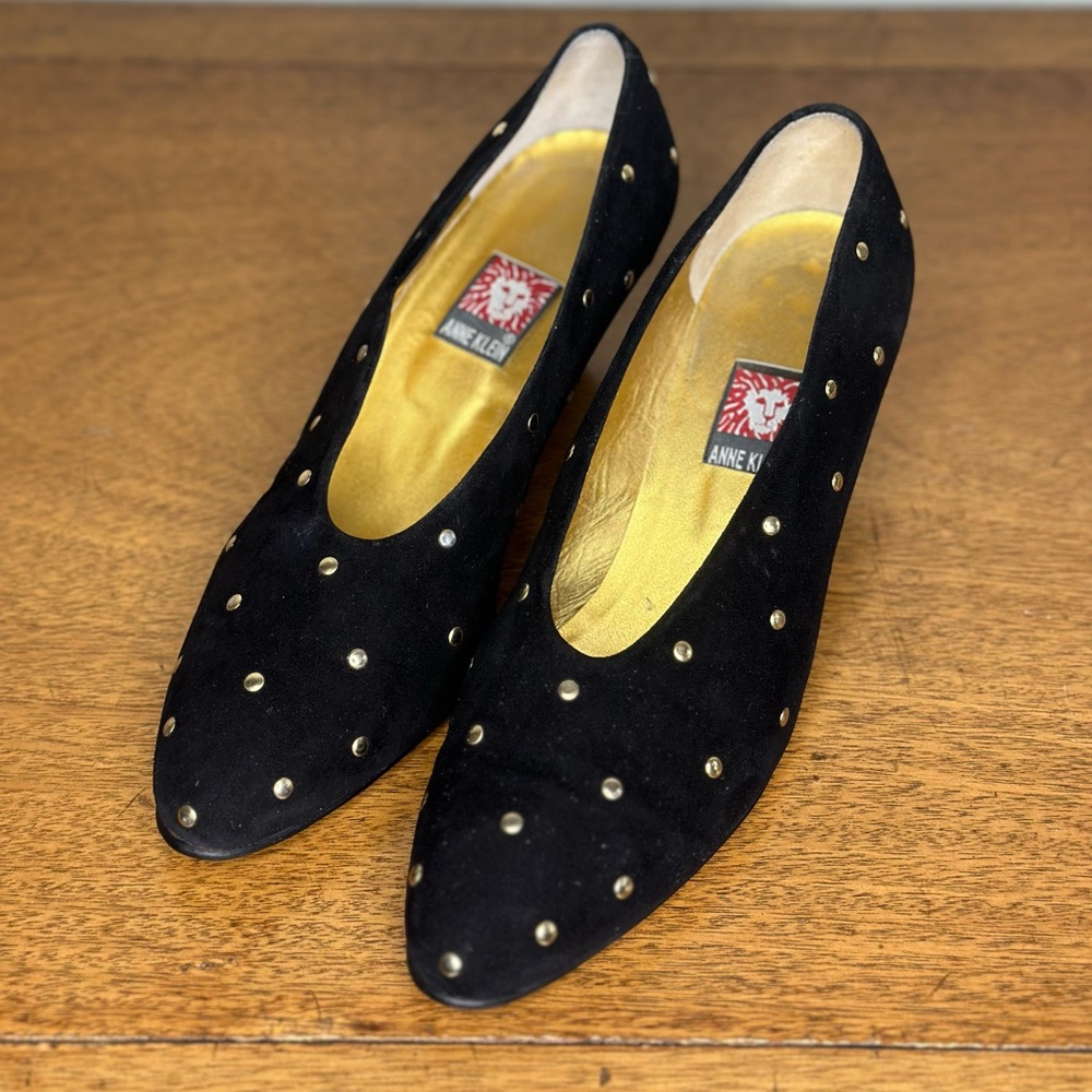 Vintage 1990s Era Anne Klein Black Velvet and Gold Studded Heels